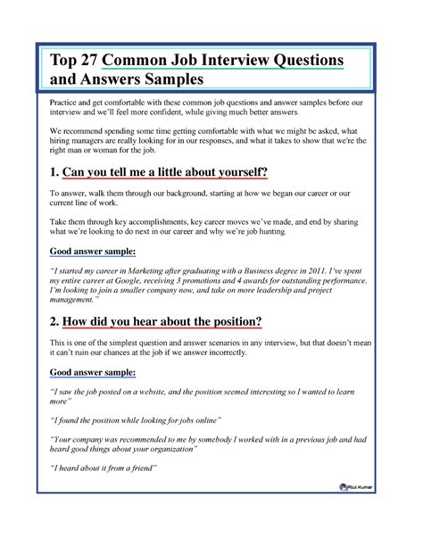 Top 20 Interview Questions (Including Sample Answers) .